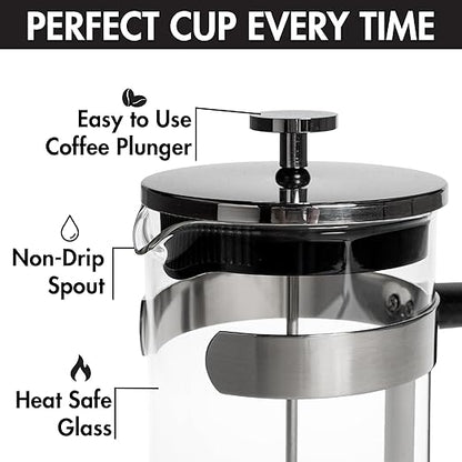 Primula French Press Coffee Maker, Temperature Safe Borosilicate Glass with Stainless Steel Filters, Premium Design and Quality, 34-Ounces, 8-Cup, Silver