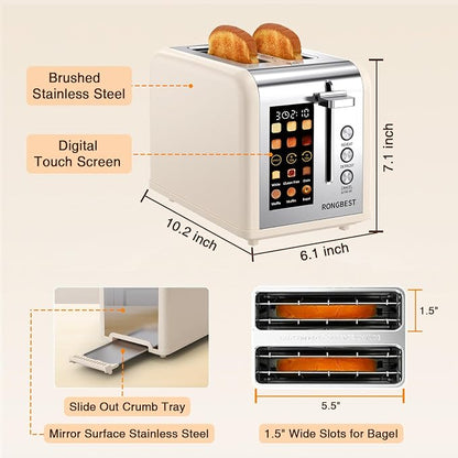 2 Slice Touch Screen Toaster Stainless Steel Wide Slots with Digital Touchscreen, Reheat & Defrost, Even Toasting for Family Breakfast Bagel & Bread, Easy Removable Crumb Tray, Cream Color