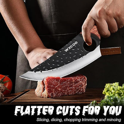 4PCS Hand Forged Kitchen Knife Set with Sheaths, High Carbon Steel Viking Butcher Knife Set, Serbian Chef Cleaver, Heavy Duty Boning Knife & Slicing Knife for Outdoor BBQ, Camping, Hunting