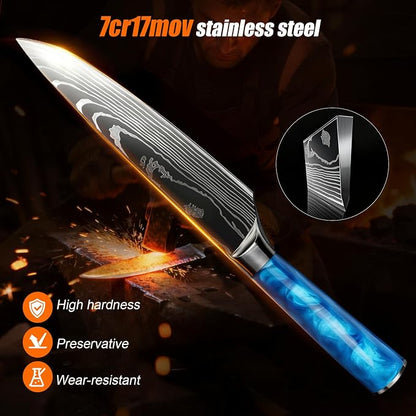 10-Piece Premium Japanese Kitchen Knife Set - Star Collection, Laser Damascus Pattern, 440A Stainless Steel Ultra Sharp for Fast Cutting (Blue)