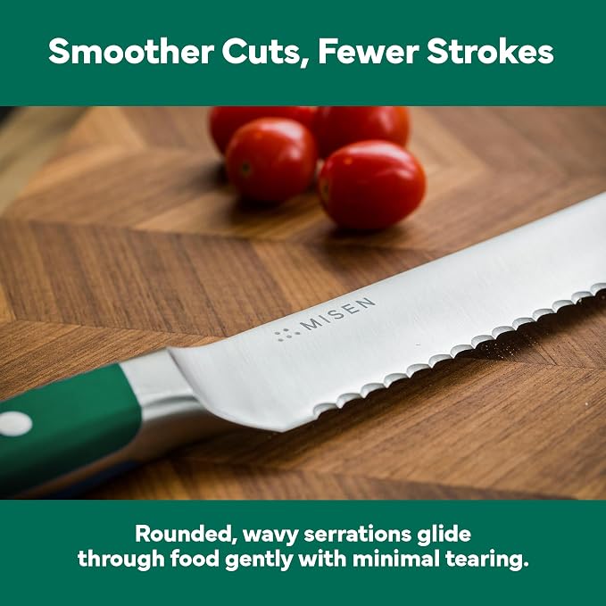 Misen Serrated Bread Knife - High-Carbon Japanese AUS8 Steel - Perfect for Soft Foods, Bread, Pastries, and Fruits - Verstatile Slicer, Razor-Sharp Edge, Durable Blade, Ergonomic Handle - 8", Green
