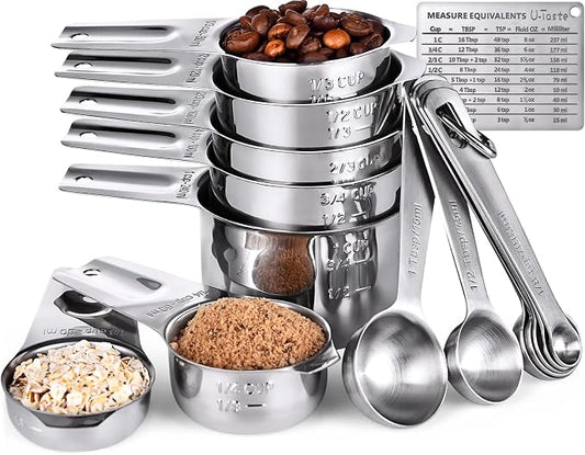 U-Taste Measuring Cups and Spoons Set of 15 : 7 Measuring Cups and 7 Measuring Spoons with 2 D-Rings and 1 Professional Magnetic Measurement Conversion Chart
