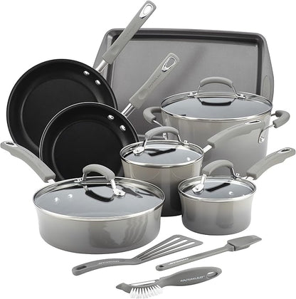 Rachael Ray Cookware Classic Brights Hard Enamel Aluminum Nonstick Cookware Set, 14-Piece, Sea Salt Gray
