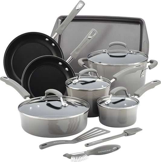 Rachael Ray Cookware Classic Brights Hard Enamel Aluminum Nonstick Cookware Set, 14-Piece, Sea Salt Gray