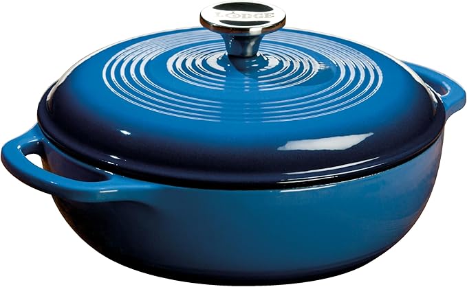 Lodge 3 Quart Enameled Cast Iron Dutch Oven with Lid – Dual Handles – Oven Safe up to 500° F or on Stovetop - Use to Marinate, Cook, Bake, Refrigerate and Serve – Caribbean Blue