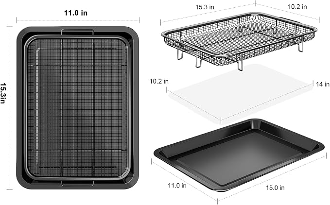 Air Fryer Basket for Oven, OPENICE 15.3" x 11.0" Air Fryer Tray and Pan Set with 30PCS Parchment Papers, Stainless Steel Oven Air Fryer Basket and Tray for Baking Grilling - Black