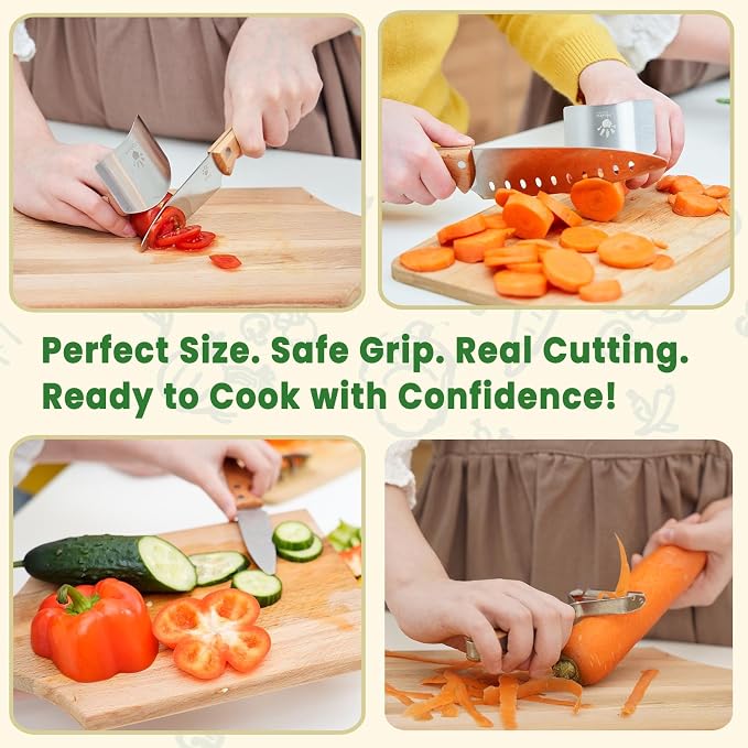 Kibbidea Kids Knife Set for Real Cooking，4-Pieces Kids Kitchen Knives with Stainless Steel Blade, Wooden Handle, Child Friendly Chef Knife for Cutting Chopping, BPA-free Knives for Teenager 8-12