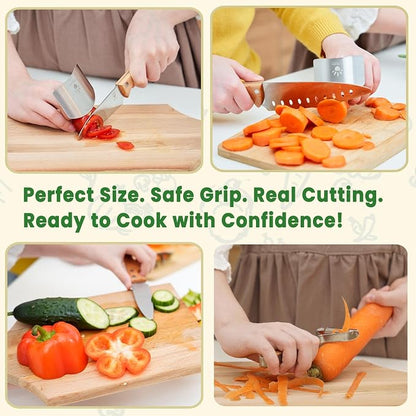 Kibbidea Kids Knife Set for Real Cooking，4-Pieces Kids Kitchen Knives with Stainless Steel Blade, Wooden Handle, Child Friendly Chef Knife for Cutting Chopping, BPA-free Knives for Teenager 8-12