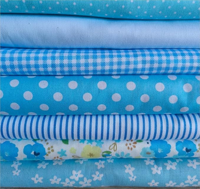 7PCS 18" x 22" Quilting Fat Quarters Fabric Bundles, for Sewing Crafting,Print Floral Striped Polka Dot 100% Cotton Gingham Fabric (Blue Flowers, 18" x 22")