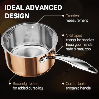 Ciwete Whole Tri-ply 18/10 Stainless Steel Cookware Set, 10 Pcs Elegant Copper Pots and Pans Set, Induction Cookware, Frying Pans, Saucepans & Stock Pot with Lid, Ideal Gift for Wedding, Housewarming