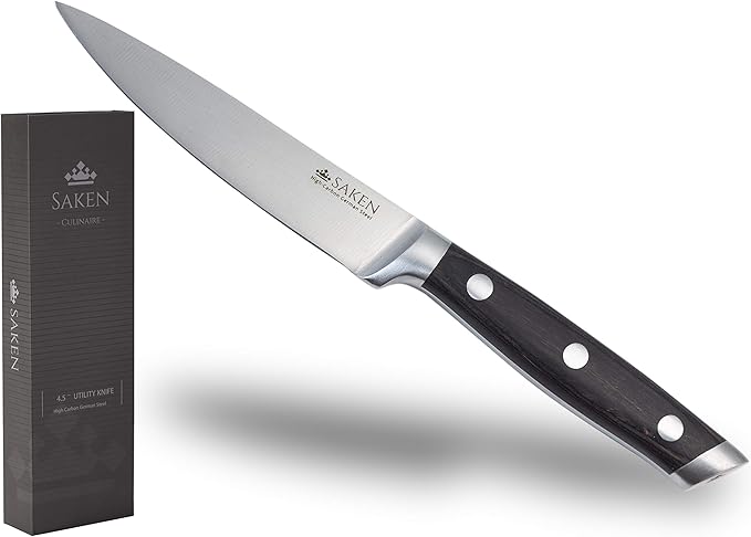 Saken 4.5-Inch Paring Knife - High-Carbon German Steel Kitchen Utility Knife with Wooden Handle in Dark Wood Finish - Multipurpose Kitchen Knife Mincing, Slicing, Chopping, and General Cutting Work