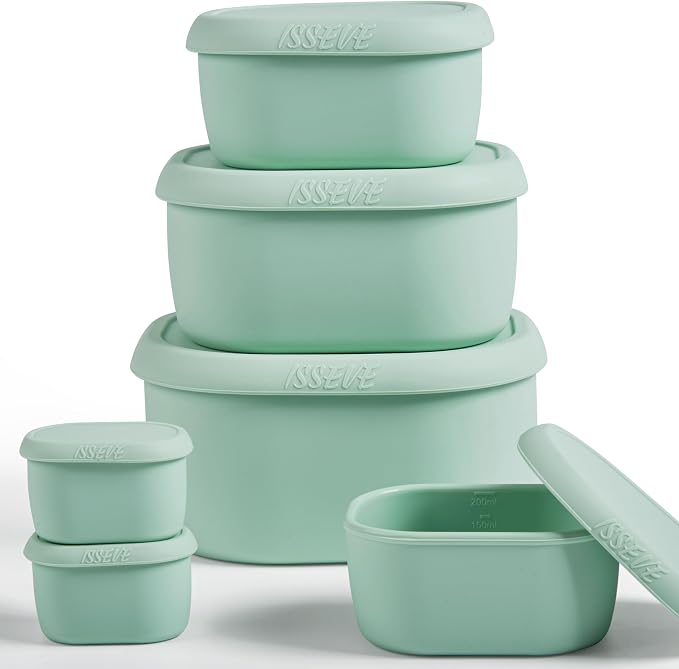 ISSEVE 6Pcs/Set Nesting Silicone Food Storage Containers with Lids, BPA Free Reusable Meal Prep Silicone Containers Lunch Box Bento Box Set (33.8oz, 20oz, 10oz, 6.7oz, 1.3oz) (Green)