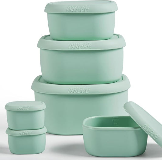 ISSEVE 6Pcs/Set Nesting Silicone Food Storage Containers with Lids, BPA Free Reusable Meal Prep Silicone Containers Lunch Box Bento Box Set (33.8oz, 20oz, 10oz, 6.7oz, 1.3oz) (Green)