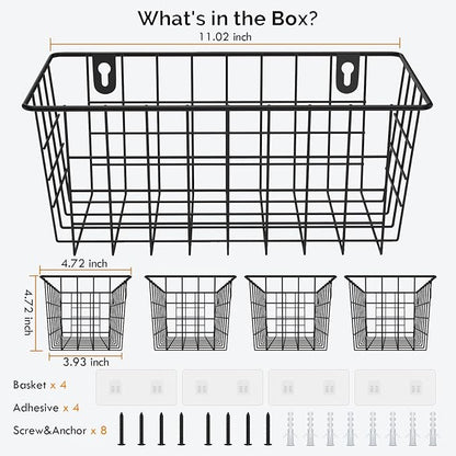 MaraFansie Hanging Wire Baskets Kitchen Storage Basket Adhesive and Screws Basket Over the Cabinet Door Organizer with Adhesive Strips and Screws Accessories, 2 Installations, 4 Pack, Black