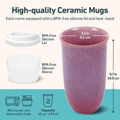 NOVA CERAMICS Coffee Travel Mug – Cup Holder Friendly Travel Mug– Microwave & Dishwasher Safe White & Purple Tumbler - Coffee Mug Fits In Cup Holder – 16oz – Astral Bloom
