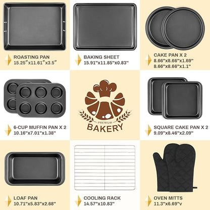 12PCS Nonstick Bakeware Set, Non-Toxic Carbon Steel Baking Pans Set with Wider Grip, Includes Roasting Pan, Cookie Sheet, Cake Pans, Muffin Pans, Cooling Rack, Oven Mitts, Easy Release