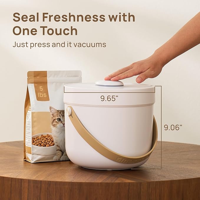 smartoo Vacuum Cat Dog Food Storage Container 5 lb/5.3 Qt, Airtight Dry Dog & Cat Food Bin with One-Button Vacuum Sealing, Magnetic Scoop Incl., BPA-Free, Durable Storage with Rechargeable Battery