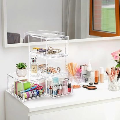 Foraineam 4 Pack Stackable Storage Containers Makeup Organizer Drawers, Acrylic Storage Bins with Pull-Out Drawers, Clear Plastic Cosmetic Display Case For Vanity, Cupboard, Pantry, Kitchen Cabinet