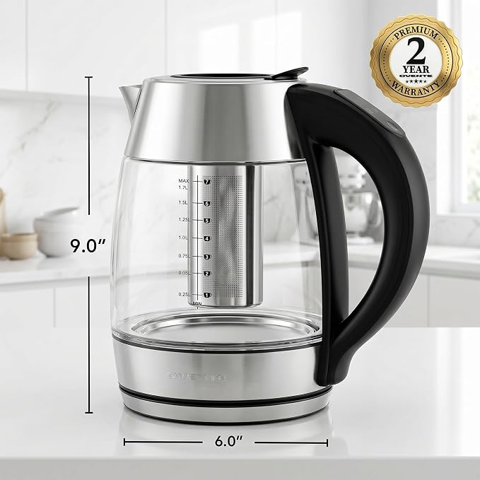OVENTE Electric Tea Kettle with Temperature Control, Removable Tea Infuser, Easy to Fill Lid, Keep Warm Function, Auto Shut-Off, 1.7L Double Wall Borosilicate Glass, Stainless Steel Base, Silver KD68S
