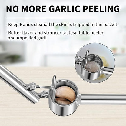 5-in-1 Stainless Steel Garlic Press Set with Jumbo Chamber & Mincer - Heavy Duty Rustproof Garlic Crusher with Ergonomic Handle, Dishwasher Safe, Easy Squeeze Design for Ginger, Nuts, Herbs