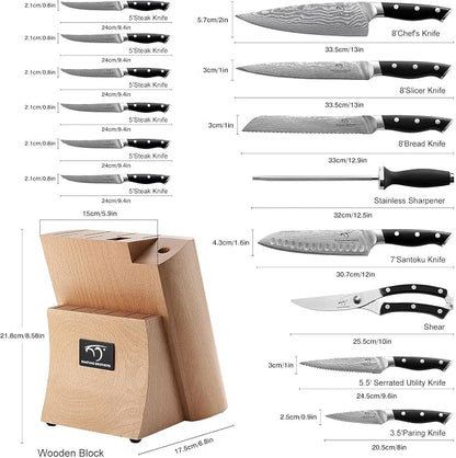 NANFANG BROTHERS 15-Piece Damascus Kitchen Knife Sets with Japanese 67-Layer Damascus Steel, ABS Ergonomic Handle for Chef Knife Set, Ultra Sharp Knife Set with Sharpener, Beechwood Block