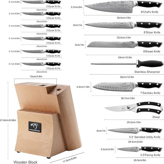 NANFANG BROTHERS 15-Piece Damascus Kitchen Knife Sets with Japanese 67-Layer Damascus Steel, ABS Ergonomic Handle for Chef Knife Set, Ultra Sharp Knife Set with Sharpener, Beechwood Block