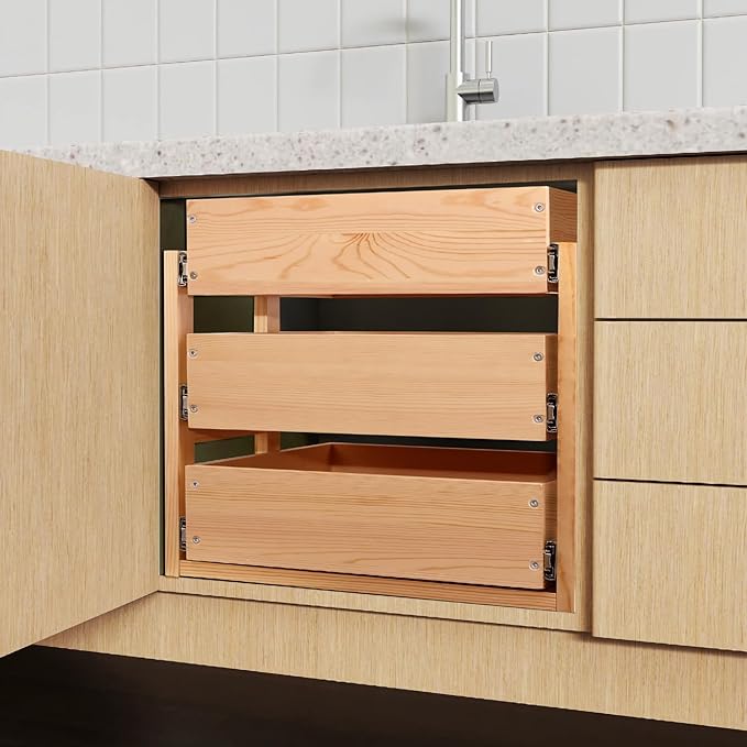Mulush Pull Out Drawers For Cabinets, 20''W×21''D×19''H Soft Close Slide Out Wood Shelves Storage Organizer for Kitchen, 3-Tier, Finished, Heavy-Duty, Bottom Assembly