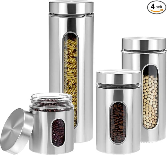 QWORK 4pc Stainless Steel Canister Set with Airtight Lids and Glass Window - Food Storage Containers for Kitchen Counter & Pantry Organization
