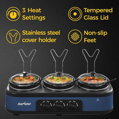 SUNVIVI Triple Slow Cooker Food Warmer 3 x 2.5 Quart, Triple Buffet Server with Removable Ceramic Pots, Adjustable Heat Control, Slow Cooker Buffet Server with Lid Rests & Serving Spoons, Dark Blue