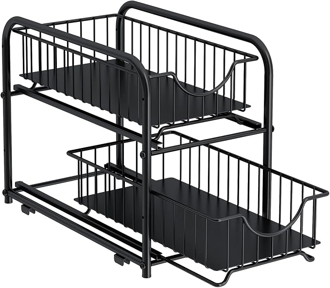 Pull-out Cabinet Organizer, Stackable 2-tier Under Sink Rack, with Sliding Storage Drawer for Pantry, and Desktop, for Bathroom, Kitchen, Office, Black