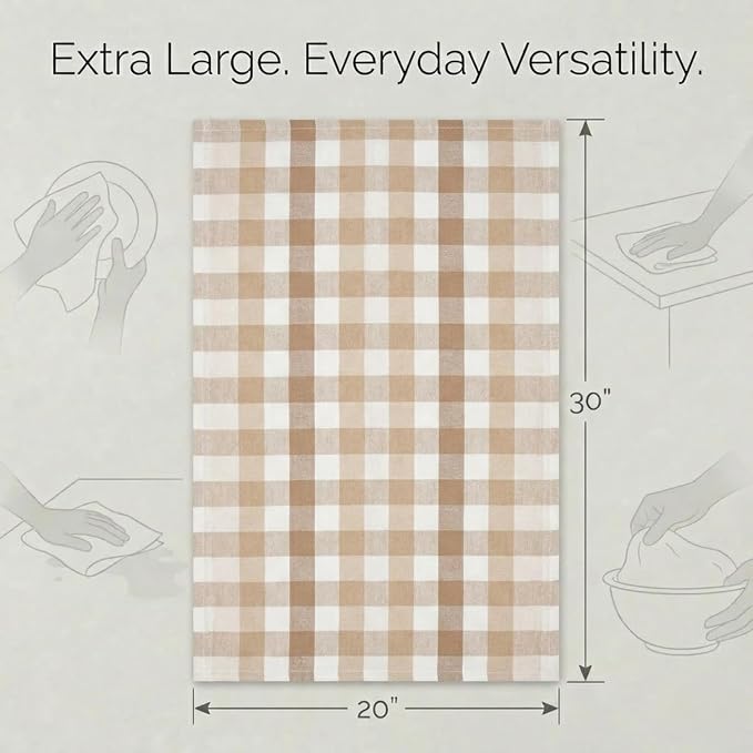 Urban Villa Kitchen Towels Set of 6 Buffalo Checks Taupe/Chocolate/Ivory 20X30 Inches Kitchen Towels 100% Cotton Highly Absorbent Premium Quality Ultra Soft Bar Tea Towels with Mitered Corners