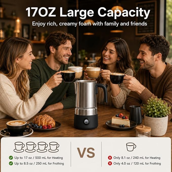AMZCHEF 8-in-1 Electric Milk Frother and Steamer 600W, 17oz Large Capacity & Detachable, Automatic Warm and Cold Foam Maker for Coffee, Hot Chocolate, Stainless Steel Jug, LED Display, Easy to Clean