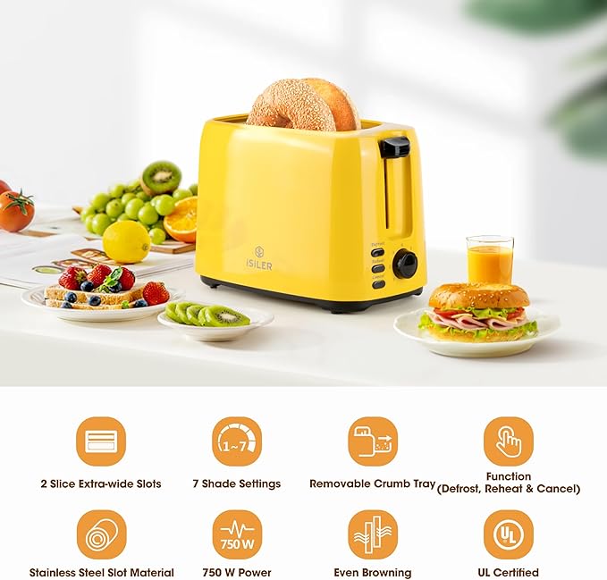 Yellow 2-Slice Toaster for Bread & Bagel, 7 Adjustable Browning Shades | 1.3in Extra Wide Slots, 750W Even Double-Side Toasting, Defrost Reheat Cancel Modes, Removable Crumb Tray & Cord Storage