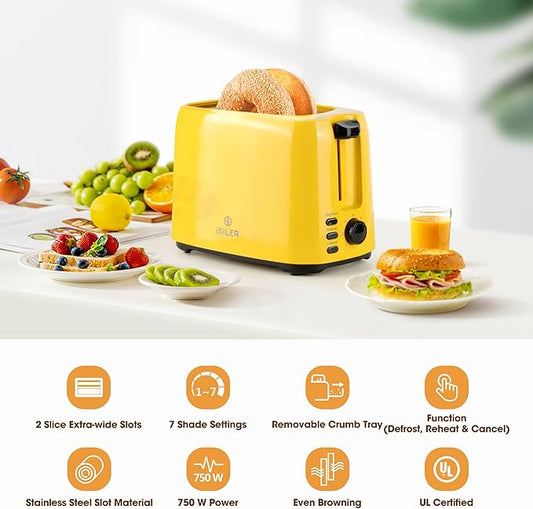 Yellow 2-Slice Toaster for Bread & Bagel, 7 Adjustable Browning Shades | 1.3in Extra Wide Slots, 750W Even Double-Side Toasting, Defrost Reheat Cancel Modes, Removable Crumb Tray & Cord Storage