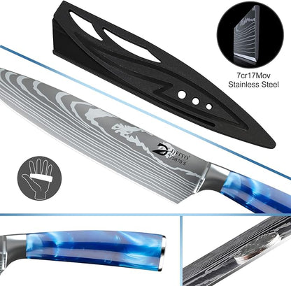 Dfito Chef Knife Sets with Roll Bag, 9 Pieces Professional Knife Set, High Carbon Stainless Steel Kitchen Chef Knife Set, Blue Resin Handle, Dishwasher Safe