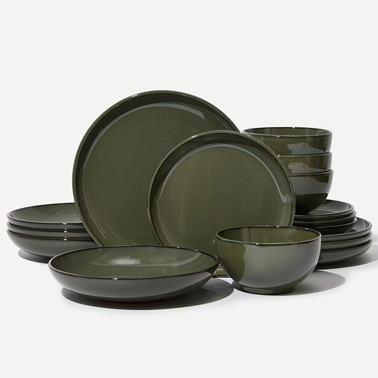 Pokini 16 Piece Double Bowl Dinnerware Sets with Pasta Bowls, Highly Chip and Crack Resistant Plates and Bowls Sets, Natural Earthyware Ceramic Dishware Sets, Service for 4 Blackish Green