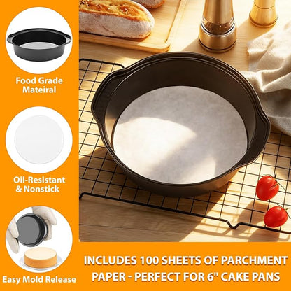6 Inch Cake Pan - 3PCS Carbon Steel Round Cake Pans with 100 Pieces Parchment Paper, Non-stick & Easy Demolding, Non-toxic & Healthy