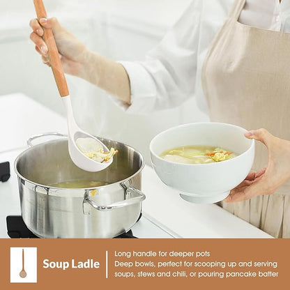 E-far White Cooking Utensils Set of 6, Silicone Kitchen Utensils with Wooden Handle, Non-stick Cookware Friendly & Heat Resistant, Includes Spatula/Ladle/Slotted Turner/Serving Spoon/Spaghetti Server
