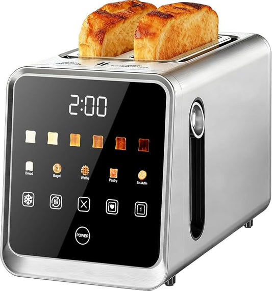 Touch Screen Toaster 2 Slice, Stainless Steel Smart Digital Toasters with Single Slot Toasting, Memory Function, 5 Bread Types & 6 Shade Settings,1.5" Wide Slot, 900W