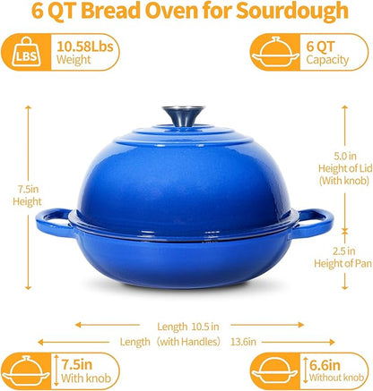 Mini Double Dutch Oven For Sourdough Bread Baking, 5QT Enameled Cast Iron Dutch Oven Pot With Lid, Non Stick Dual Round Bread Loaf Pan, 500°F Oven Safe, Sourdough Baking Pan For Homemade Baking