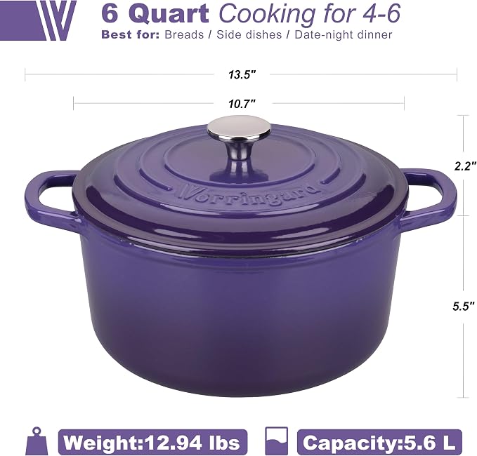 VORRINGARD Enameled Cast Iron Dutch Oven Pot with Lid, for Sourdough Bread Baking, Round Dutch Ovens, 6 Quart, Purple