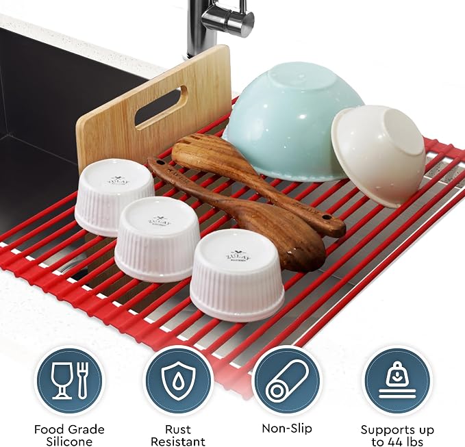 Zulay Kitchen Large Roll Up Dish Drying Rack - Heavy Duty Silicone Wrapped Steel Rods Over Sink Dish Drying Rack - Versatile Roll Up Sink Drying Rack & Trivet - Red,20.5 inches x 13 inches
