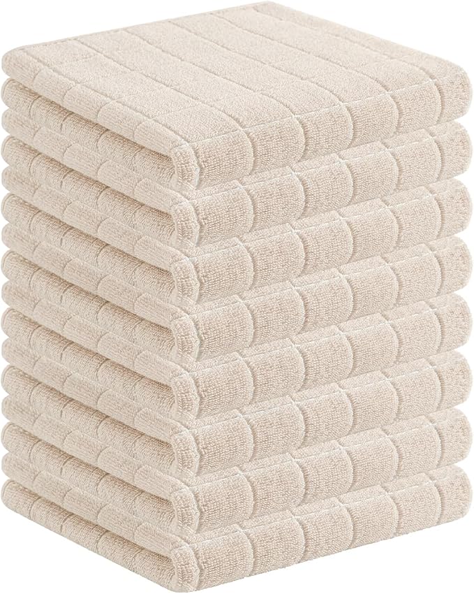 Homaxy 100% Cotton Terry Kitchen Towels(Beige, 13 x 28 inches), Checkered Designed, Soft and Super Absorbent Dish Towels, 8 Pack