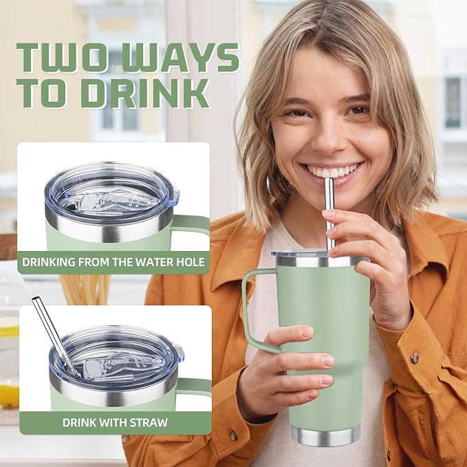 20 oz Tumbler with Handle Stainless Steel Insulated Coffee Mug Tumbler with Lid and Straw Double Wall Vacuum Insulated Coffee Mug Leak Proof Travel Mug Tumbler for Hot and Cold Drink (Green Tea,4pack)