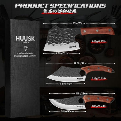 Huusk Butcher Knife Set of 3 - Full Tang Meat Cleaver Knife Set for Meat Processing, Hand Forged Viking Knives Sets with Bone Axe, Heavy-Duty Kitchen Knives Sets for Outdoor BBQ Cooking, Gifts for Men