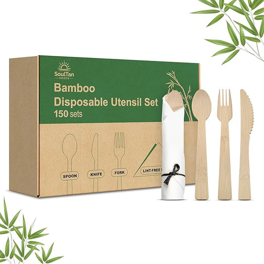 Black Bamboo Silverware Set 150 Pack, Prerolled Cutlery with Black String Napkin Bundle, Disposable Bamboo Utensils for Catering, Large Events and Weddings (Fork Knife Spoon)