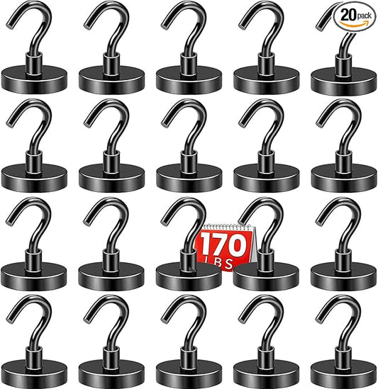 DIYMAG Magnetic Hooks, 170 LB Heavy Duty Strong Magnet with Hook, Rare Earth Neodymium Magnets for Hanging, Magnetics Hanger for Curtain, Home, Kitchen, Workplace, Black20 Packs