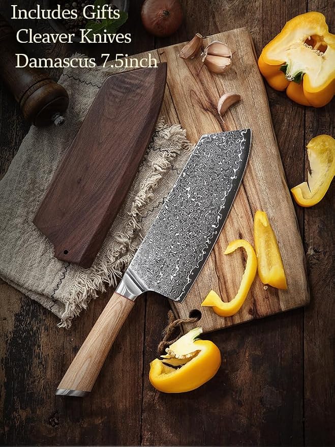 DONGSUN 7.5 Inch Damascus Taiwanese Cleaver with North American Black Walnut Sheath, 67-Layer VG10 Forged Steel Wide Blade Kitchen Knife, Professional Durable Sharpness