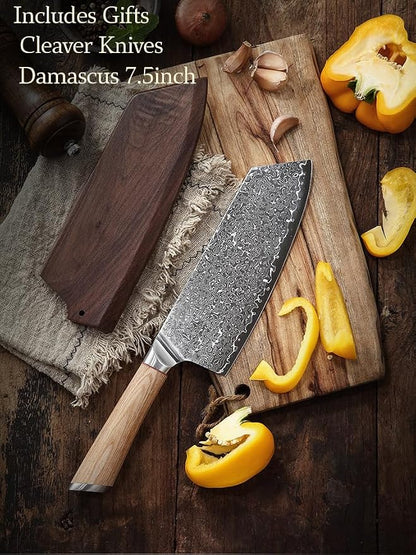 DONGSUN 7.5 Inch Damascus Taiwanese Cleaver with North American Black Walnut Sheath, 67-Layer VG10 Forged Steel Wide Blade Kitchen Knife, Professional Durable Sharpness