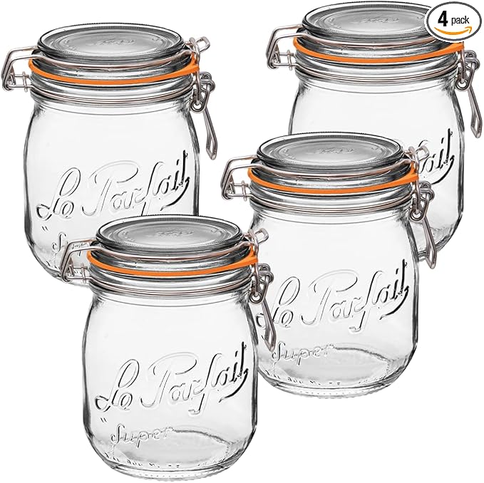 Le Parfait Super Jar 750mL (24oz) French Glass Preserving Jar w/Airtight Rubber Seal & Wire Bail Closure - BPA-Free Canning Jar for Pickles, Fruit, Sauce & Food Storage - Made in France Since 1930 4PK